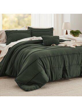 Olive Green Boho King Comforter Set 4-Pc, Pinch Pleat, All-Season Bedding